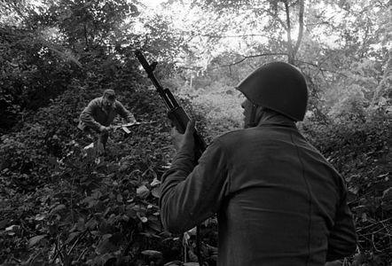 Theme: Geogia-Abkhasia war, 1991-1993. (Story: the soldiers search a sniper in Mandarin forest about Sukhumi,1993, October).
A sniper shoots to them when it’s possible.
Photo by Oleg Klimov/agency.photographer.ru