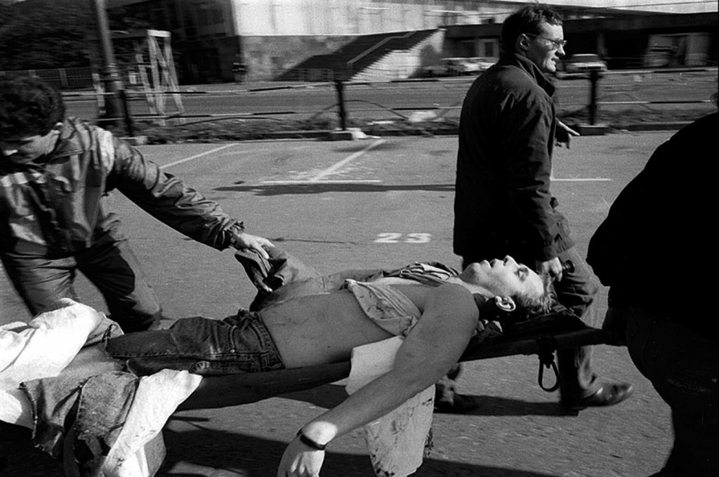 Moscow.Putch-2.The wounded civil person during shuting between governmental army and opposition of  the White House.
Photo by Oleg Klimov/Foto~Loods